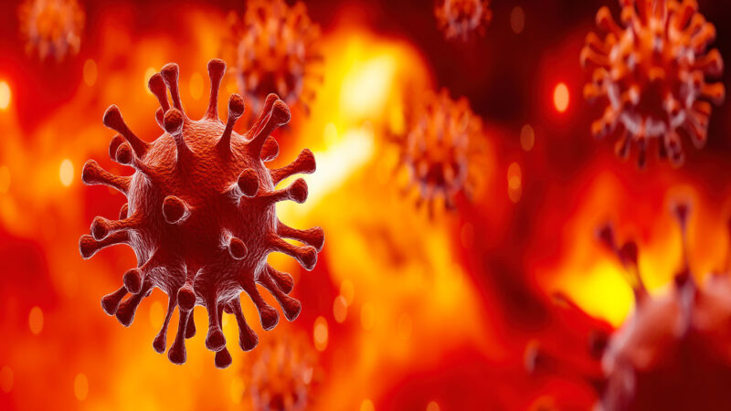 Image of Flu COVID-19 virus cell under the microscope on the blood.Coronavirus Covid-19 outbreak influenza background.Pandemic medical health risk concept with disease cell as a 3D render.